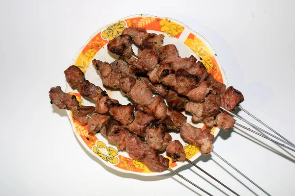 Appetizing Plate Barbecue Meat Skewers — Stockfoto