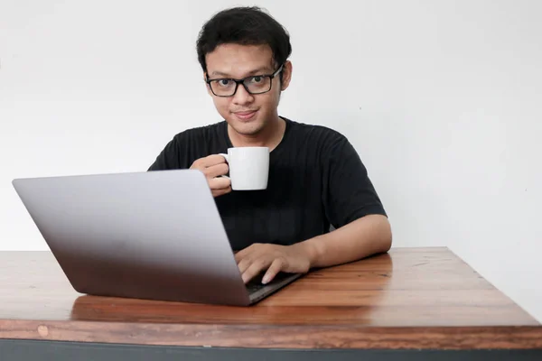 Young Asian Man Working Drinking Coffee Studio — Stock Photo, Image