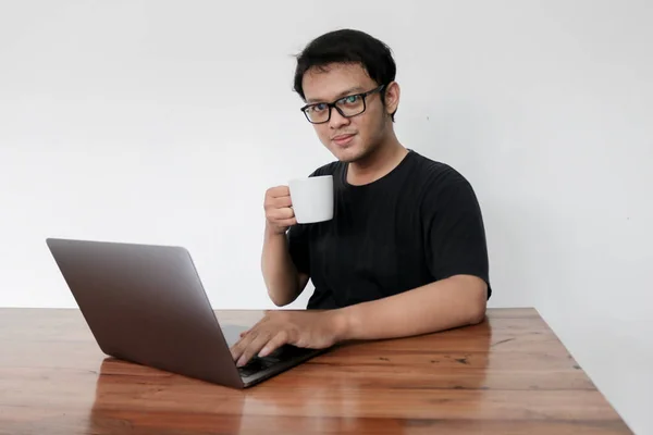 Young Asian Man Working Drinking Coffee Studio — Stock Photo, Image