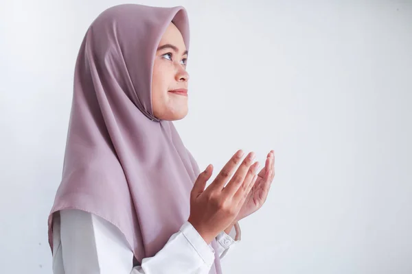 Praying Asian Woman Grey Background — Stock Photo, Image