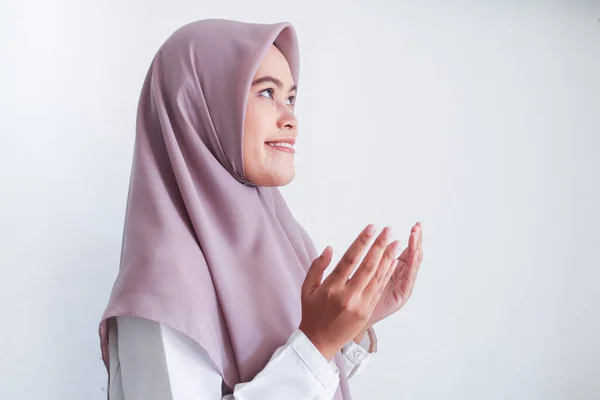 Praying Asian Woman Grey Background — 스톡 사진