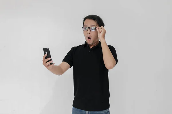 Shocked Asian Young Man Black Shirt — Stock Photo, Image