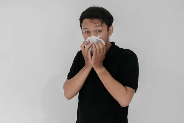 Sofrendo Jovem Asiático Homem Máscara — Fotografia de Stock