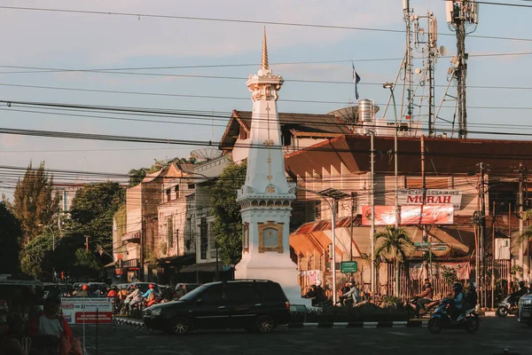 Tugu Jogja Naplemente Háttérrel Vagy Más Néven Tugu Pal Iconic — Stock Fotó