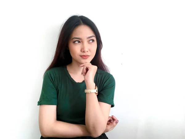 Denken Aziatisch Meisje Greent Shirt — Stockfoto