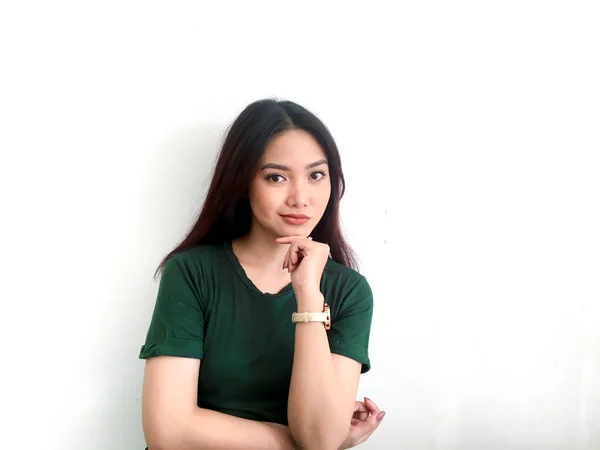 Pensée Asiatique Fille Dans Greent Shirt — Photo