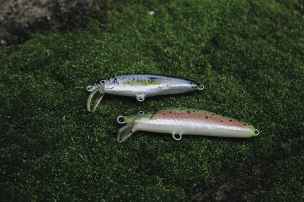 草の上に横たわる釣りのためのプラスチック製の魚餌 — ストック写真