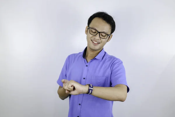 Asian Student Looking Hand Watch — Stock Photo, Image