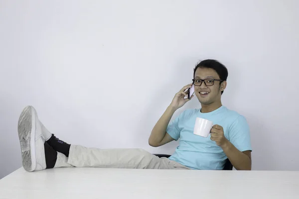 Young Asian Man Feeling Happy Smile Face Talk Phone Leg — Stock Photo, Image