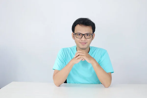 Young Asian Man Wear Blue Shirt Glasses Happy Smiling Face — Stock Photo, Image