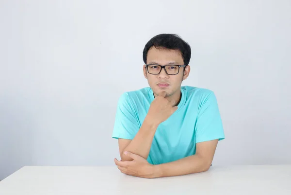 Young Asian Man Wear Blue Shirt Glasses Serious Face Looking — Stock Photo, Image