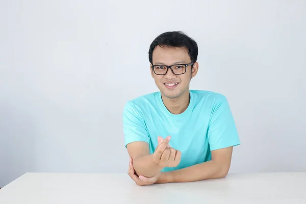 Young Asian Man Showing Love Korean Sign Isolated White Background — Stock Photo, Image