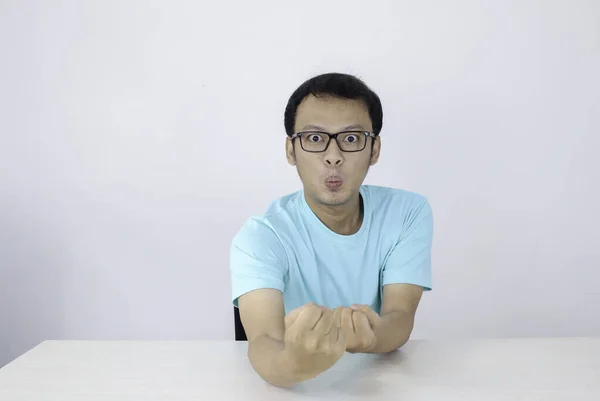 Angry Hate Face Young Asian Man Blue Shirt Angry Hand — Stock Photo, Image