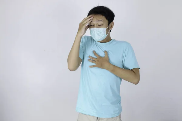 Malade Jeune Homme Asiatique Aide Masque Médical Est Grippe Des — Photo