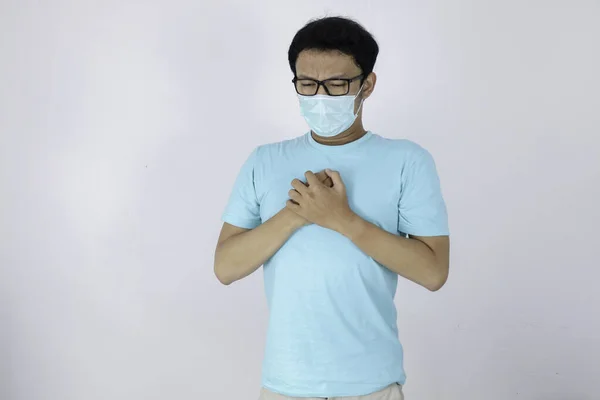 Young Asian Man Heart Attack Cold Flu Feeling Breathless Wears — Stock Photo, Image