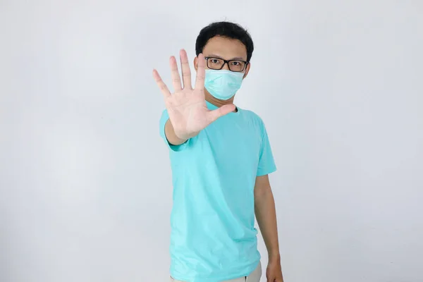 Young Asian Man Wear Hygienic Mask Scared Panicking Gesturing Stop — Stock Photo, Image