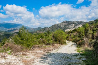 Hafif bulutlar Troodos Dağları 'nın tepe ve yamaçlarına gölgeler düşürür. Gölgeler dağdan dağa sürünüyor, şekillerini değiştiriyor..         