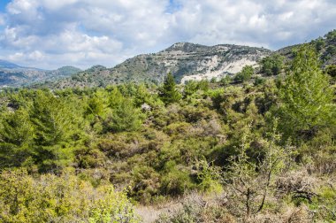 Hafif bulutlar Troodos Dağları 'nın tepe ve yamaçlarına gölgeler düşürür. Gölgeler dağdan dağa sürünüyor, şekillerini değiştiriyor..         