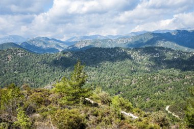 Hafif bulutlar Troodos Dağları 'nın tepe ve yamaçlarına gölgeler düşürür. Gölgeler dağdan dağa sürünüyor, şekillerini değiştiriyor..         
