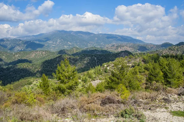 Hafif bulutlar Troodos Dağları 'nın tepe ve yamaçlarına gölgeler düşürür. Gölgeler dağdan dağa sürünüyor, şekillerini değiştiriyor..         