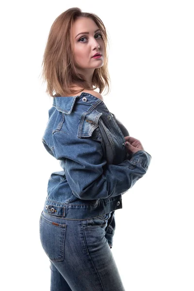 Blond young woman in jeans clothes — Stock Photo, Image
