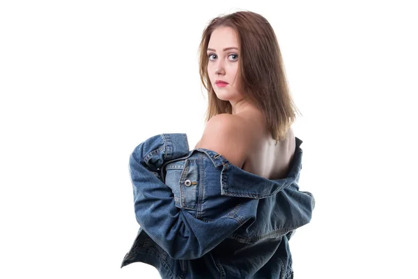Woman with bare shoulders in jeans jacket — Stock Photo, Image