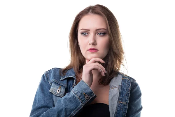 Verbaasde vrouw in jeans jasje — Stockfoto