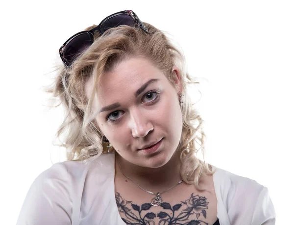 Portrait of blond woman with tattoo — Stock Photo, Image
