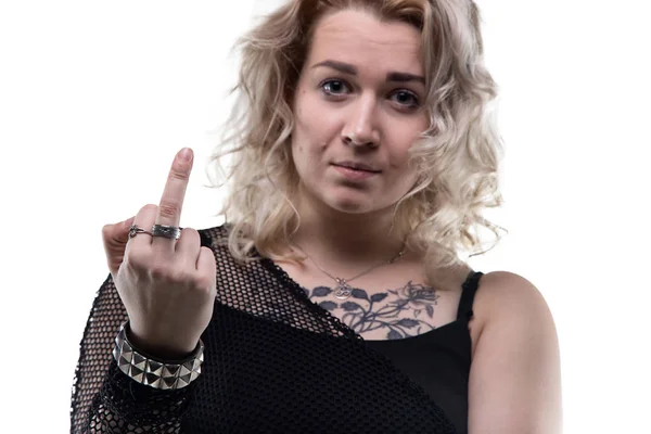 Unflappable woman showing middle finger — Stock Photo, Image