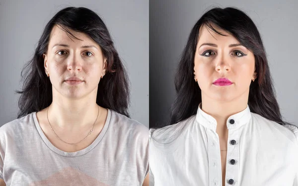 Brunette vrouw vóór en na de make-up — Stockfoto