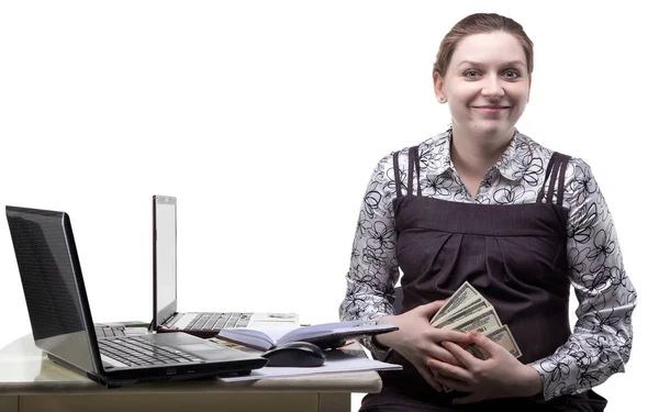 Mujer embarazada feliz con dólares — Foto de Stock