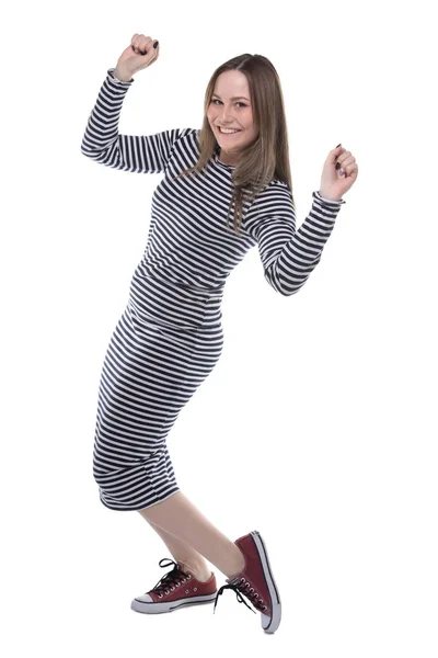 縞模様のドレスは、完全な長さの勝者ブロンド女性 — ストック写真