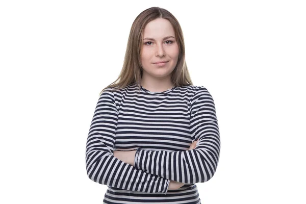 Smiling young woman in striped dress — Stock Photo, Image