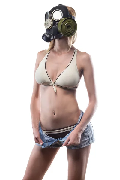 Young slim blond woman in gas mask — Stock Photo, Image