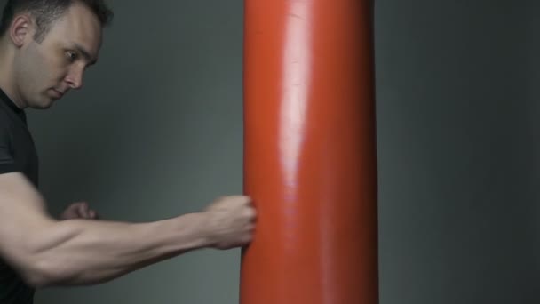 Молодой брюнетка и боксерская груша — стоковое видео