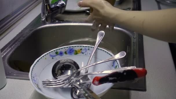 Woman washing cutlery — Stock Video