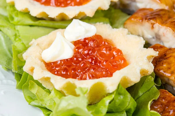 Tartelette au caviar rouge, salade et poisson — Photo