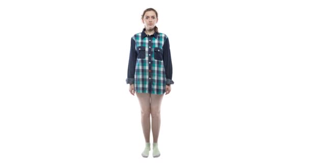 Young pregnant woman in green plaid shirt — Stock Video