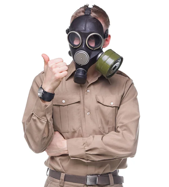 Man in gas masker met duim — Stockfoto