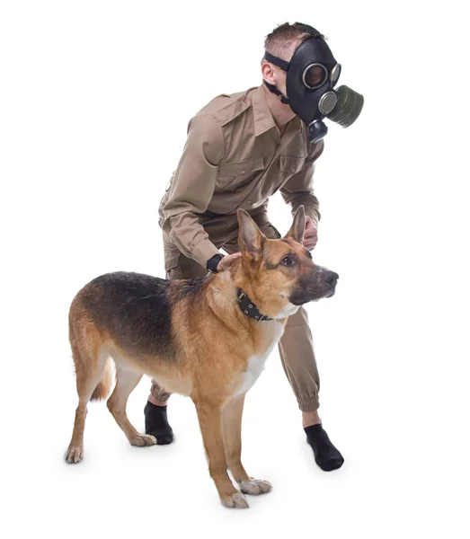 Людина в газовій масці з собакою — стокове фото