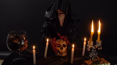 Kafatası holding kan eller ile cadı