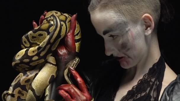 Женщина и змея смотрят друг на друга — стоковое видео