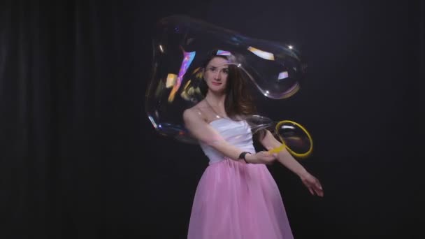 Woman with big soap bubble — Stock Video