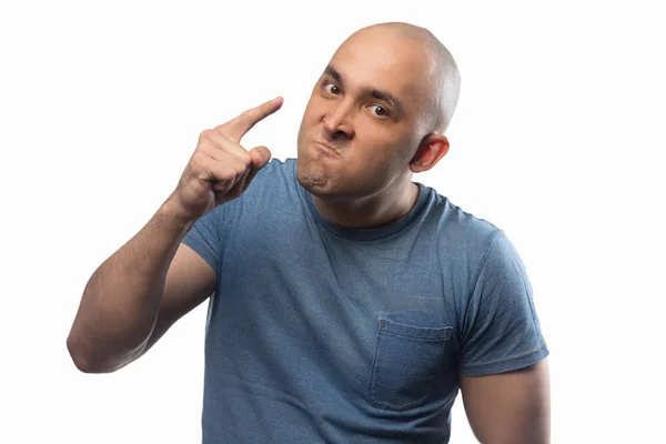 Photo of gloomy bald man on white background — 스톡 사진