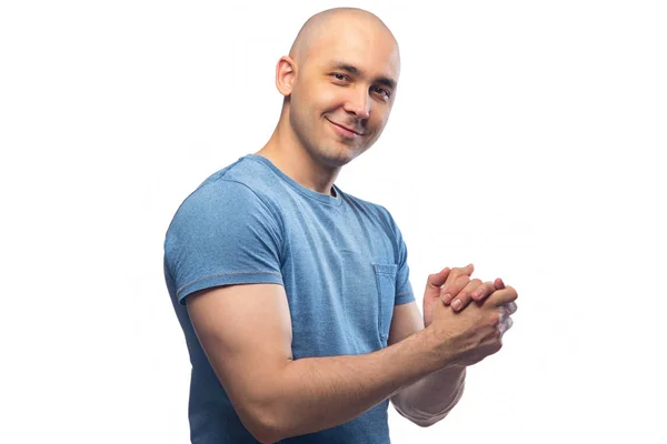 Imge de homem careca amigável em camisa azul tee — Fotografia de Stock