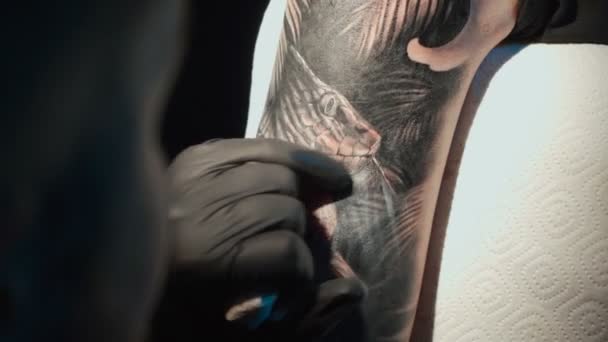 Закрыть видео, как делают черную татуировку на женщине в студии — стоковое видео