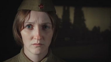 Video of young woman in sorrow wearing red army uniform