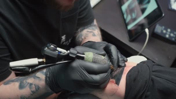 Video av professionell tatuering av orm i salongen — Stockvideo