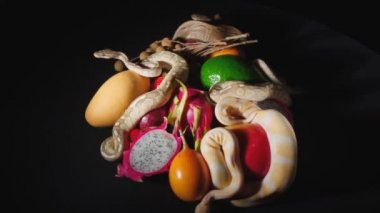 Video of rotating exotic fruits and snakes