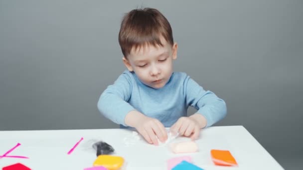 Footage of dad and son making animals from plasticine on gray background — Stock Video